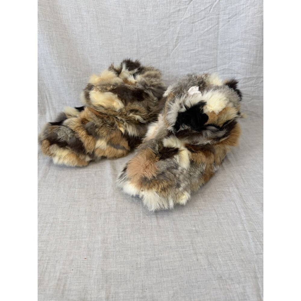 Vintage Genuine Rabbit Fur Slippers Womens Size 7 Multi Color Luxury Boots W Fur